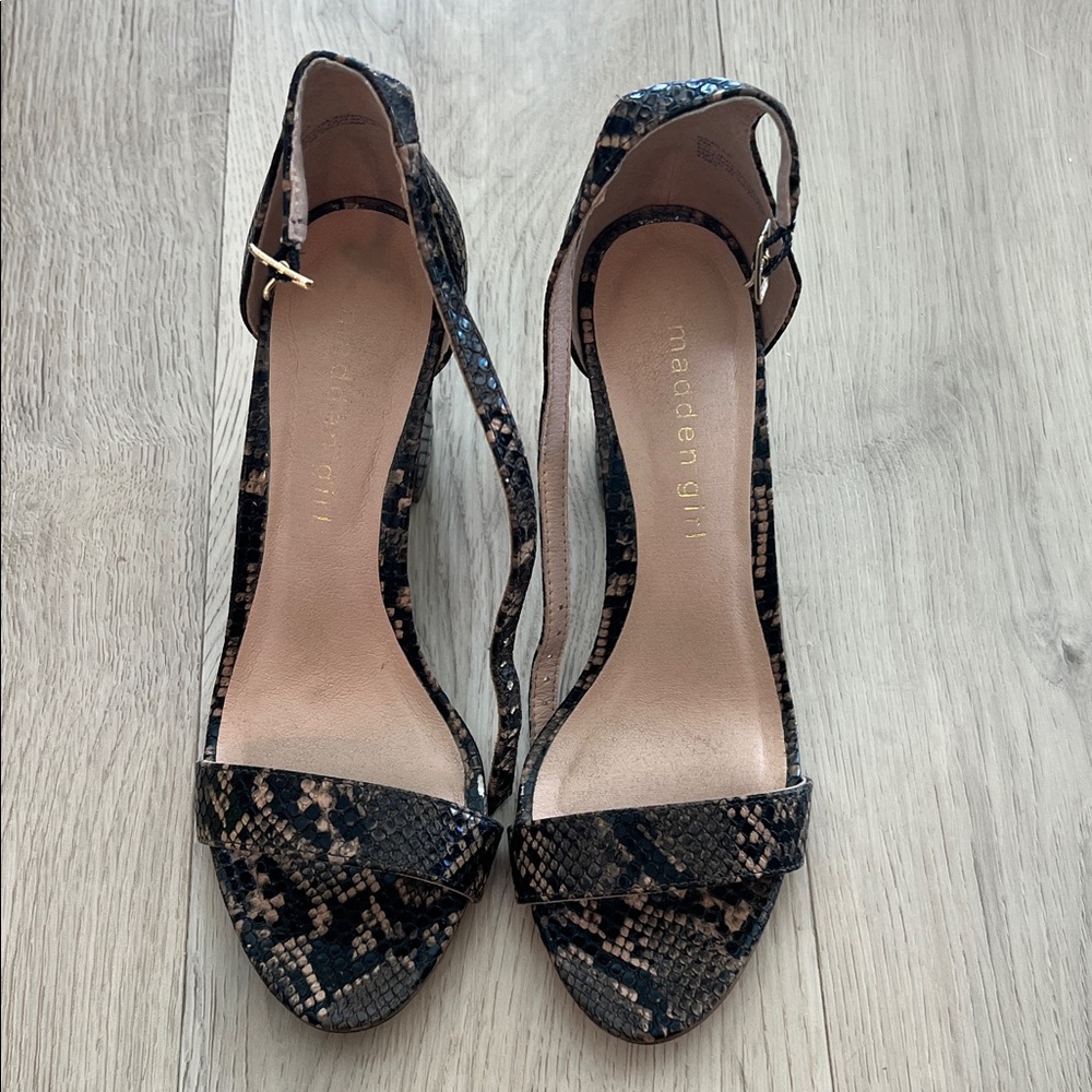 Madden Girl Snakeskin Black and Tan Heels